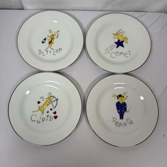 Pottery Barn Other - Pottery Barn Reindeer Appetizer Dessert Plates Set of 4 Blitzen Comet Cupid Donn